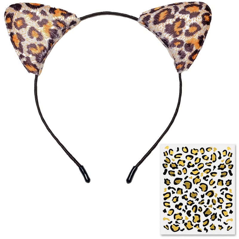 Funcredible Leopard Ears Headband with Tattoos - Cheetah Ear Headbands and Temporary Tattoos - Party Headband for Adults and Kids - Image 1